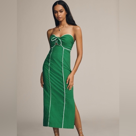 NWT! ANTHROPOLOGIE MAEVE STRAPLESS LINEN BLEND TWIST BUTTON-FRONT MAXI DRESS 🟣
